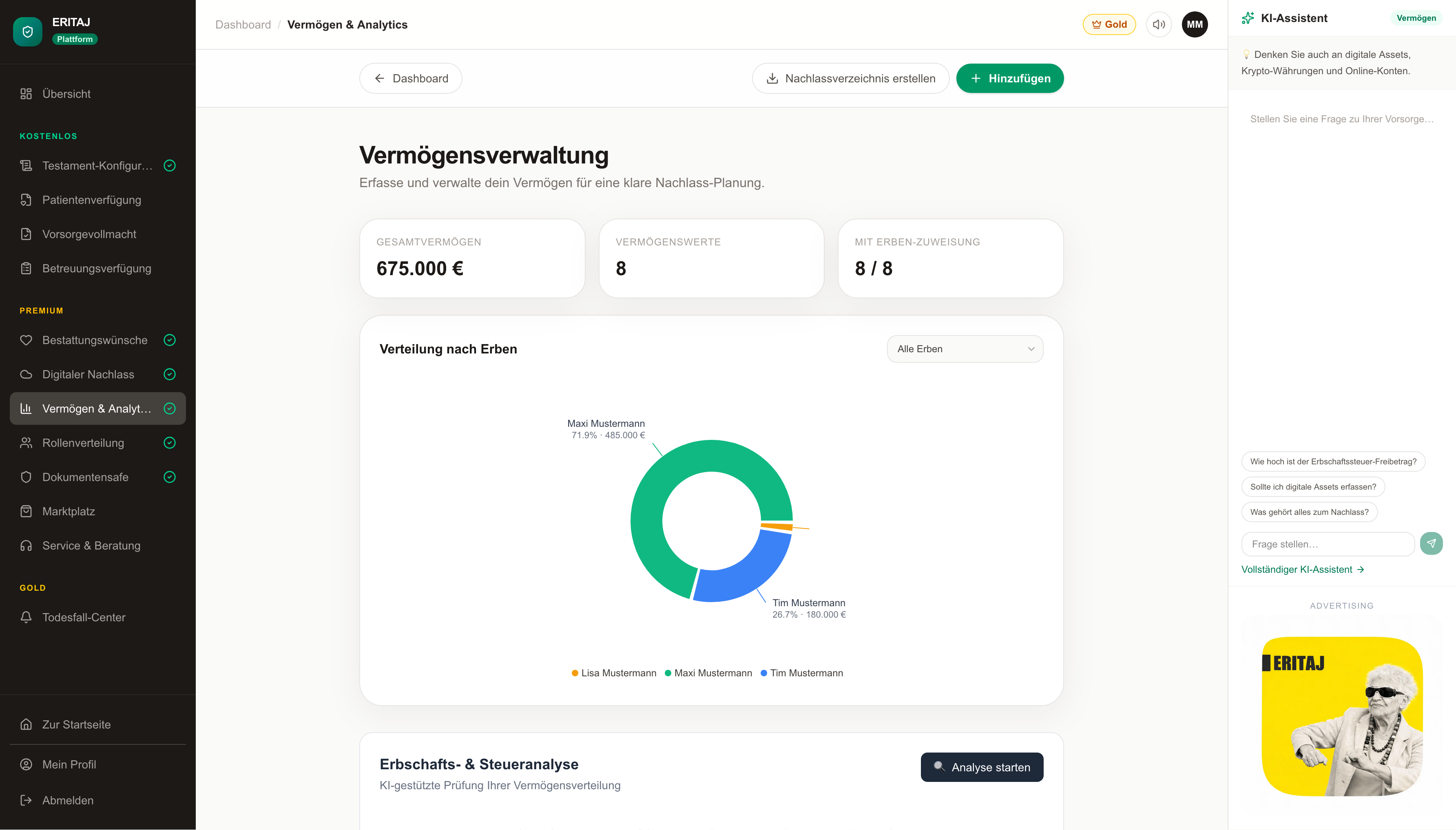 Beispielansicht von Vermögen & Analytics mit fiktivem Max Mustermann